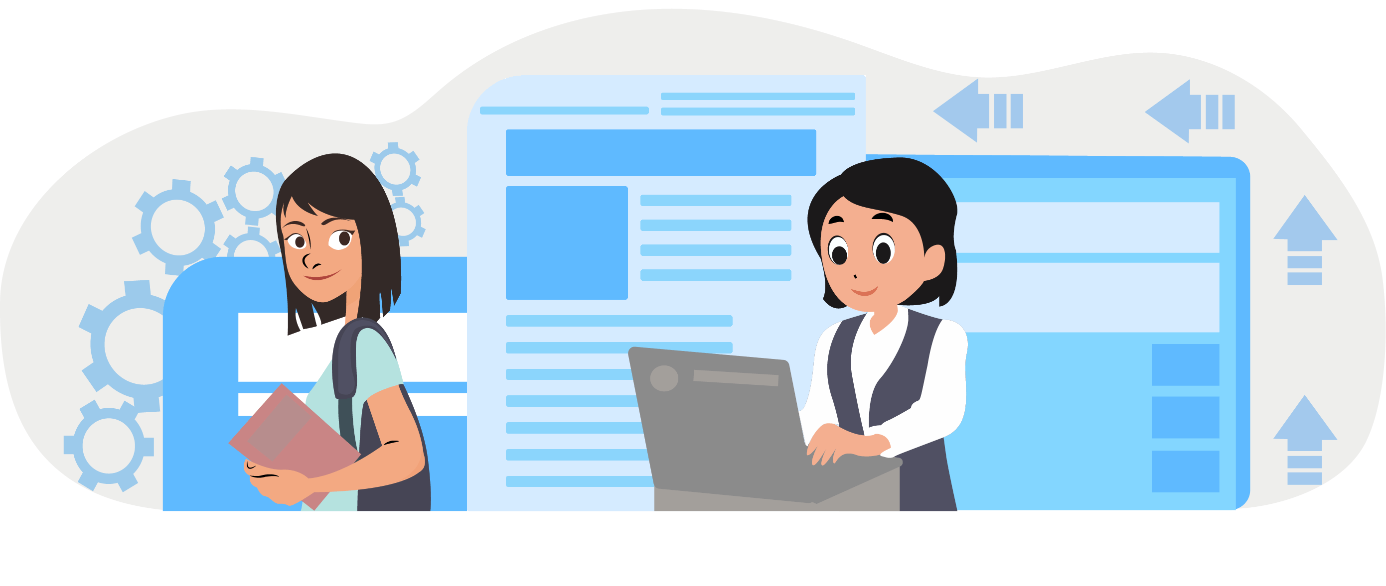 The girl is working on the computer while another girl is standing nearby with a book.